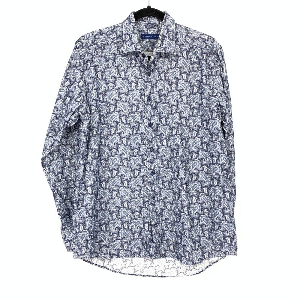 Etro Mens Paisley Button Down Shirt Blue White Long Sleeve Cotton Size 41